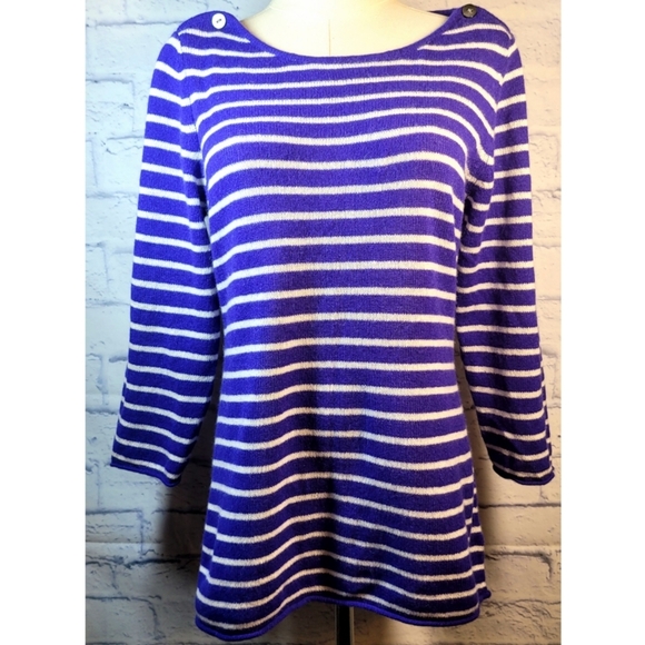 Claudia Nichole Cashmere Sweater Top Blue White Stripe Buttons Detail Size M NWT - Picture 1 of 11